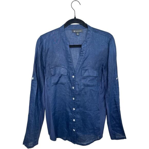 INC Linen blouse with embellished buttons Navy size Medium - Picture 1 of 4